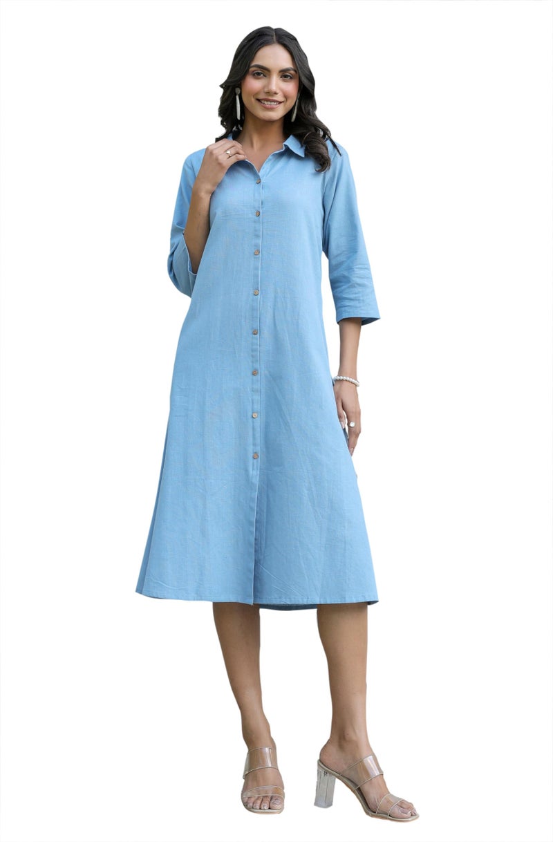 Janasya Women's Light Blue Linen Cotton Solid Button Down Shirt Style A-line Dress - Image 1