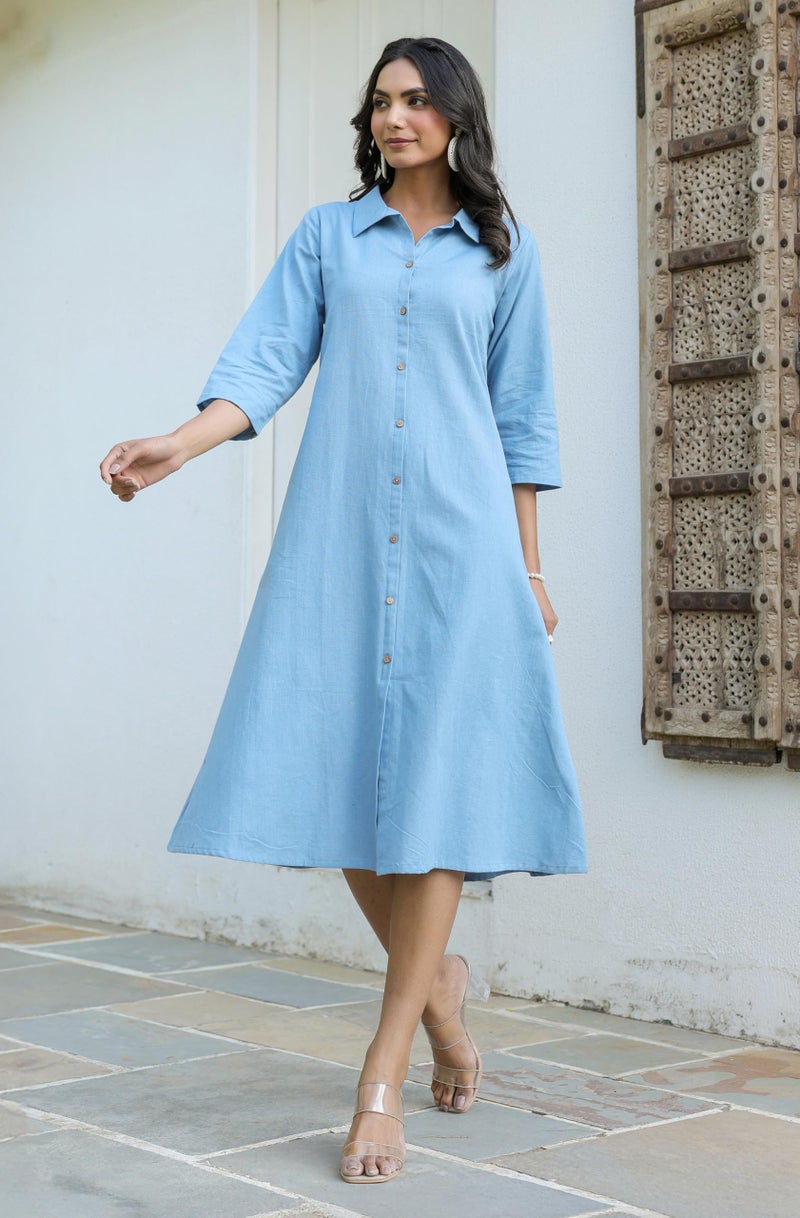 Janasya Women's Light Blue Linen Cotton Solid Button Down Shirt Style A-line Dress - Image 5