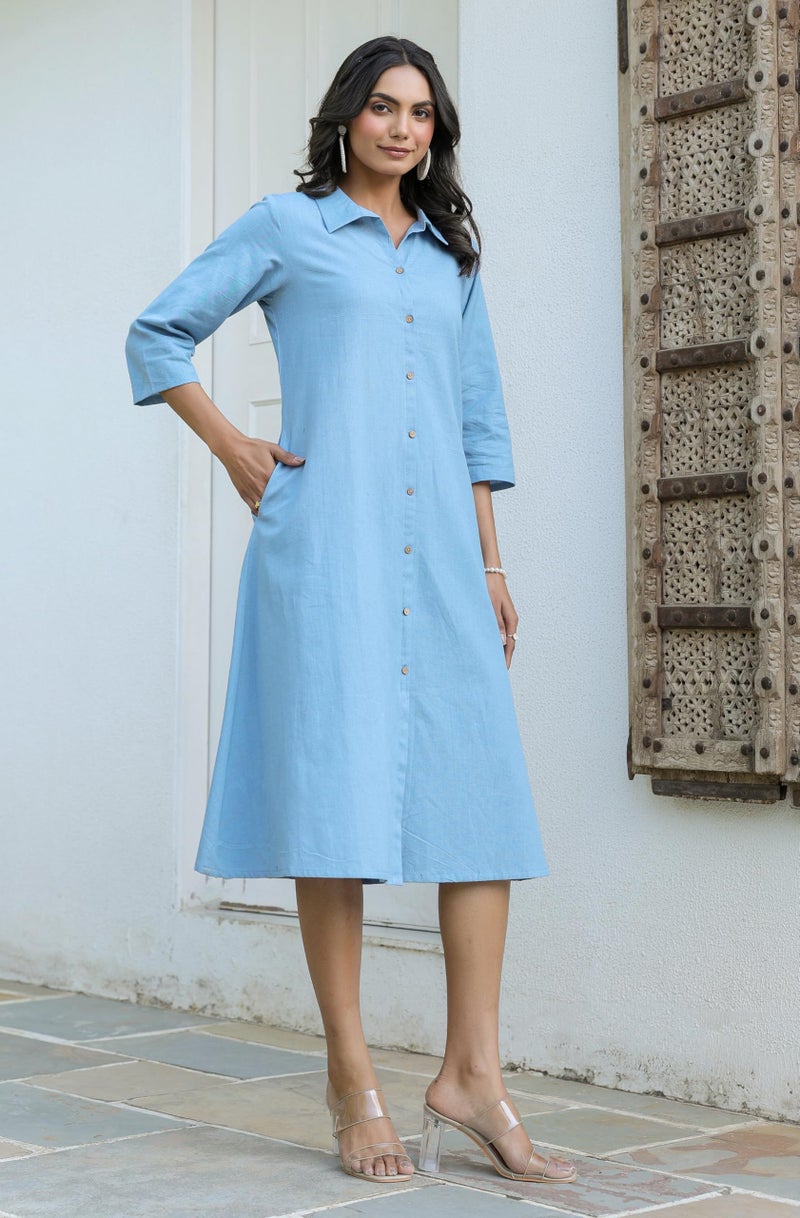 Janasya Women's Light Blue Linen Cotton Solid Button Down Shirt Style A-line Dress - Image 3
