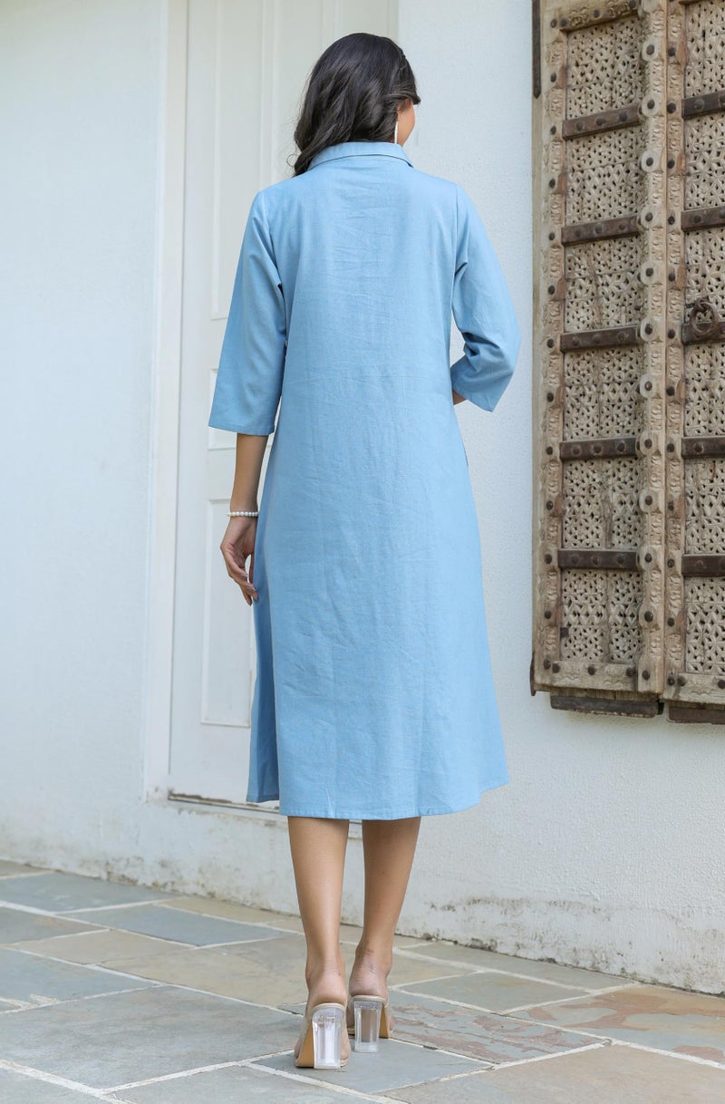 Janasya Women's Light Blue Linen Cotton Solid Button Down Shirt Style A-line Dress - Image 4