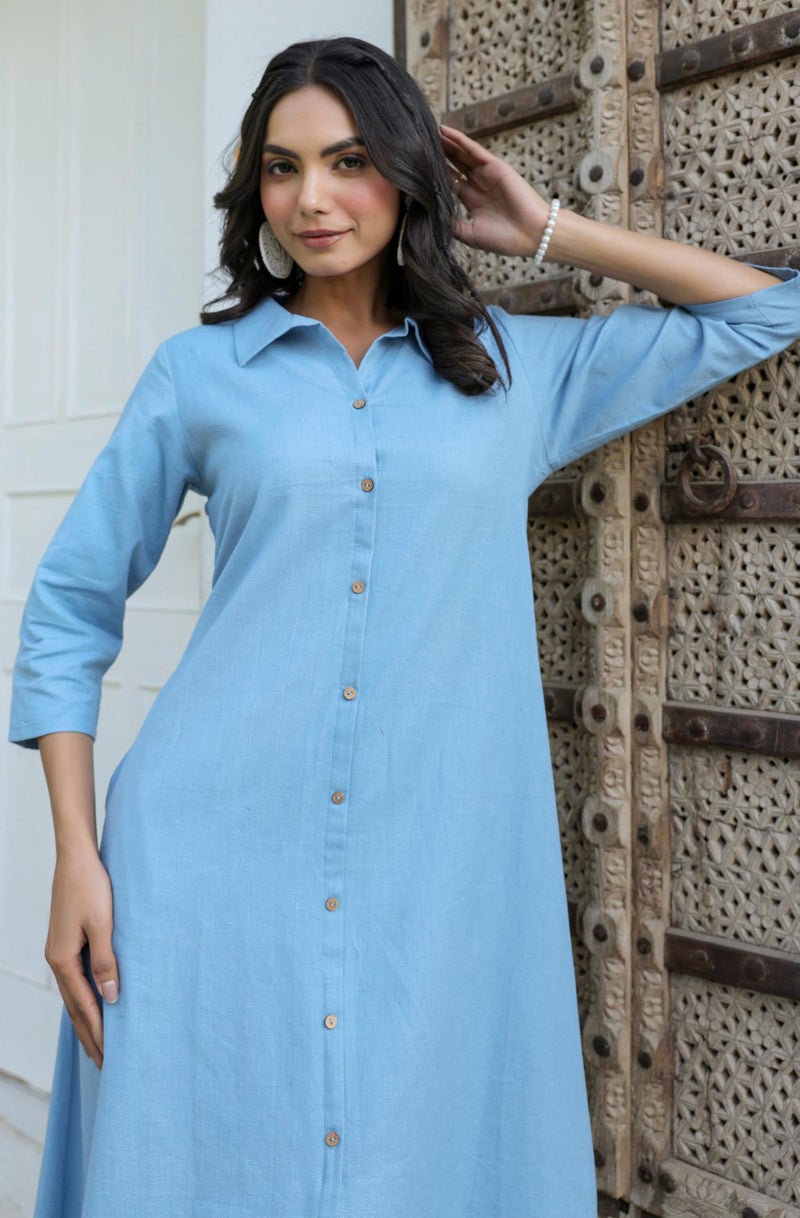 Janasya Women's Light Blue Linen Cotton Solid Button Down Shirt Style A-line Dress - Image 2