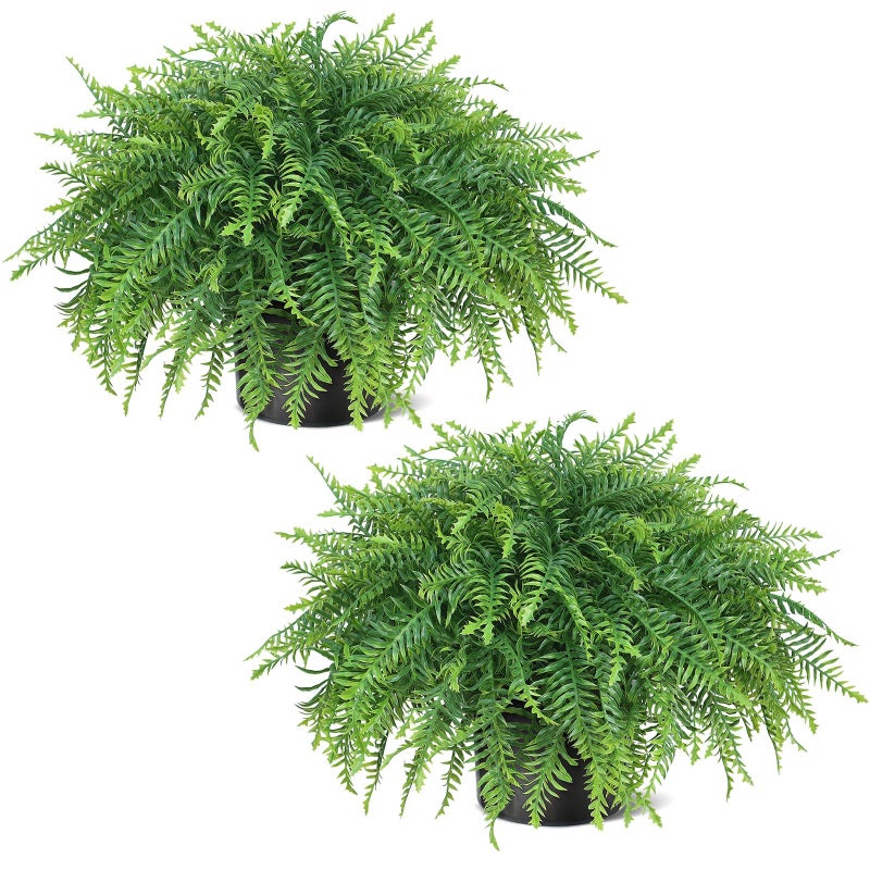 Juxdp 21" Artificial Ferns Plants Topiary - 2 Set for Front Porch Decoration,Fake Boston Fern Potted Plants Faux Greenery Bush UV Resistant for Outdoor Indoor Door Garden Farmhouse Home Decor (Green) - Image 1
