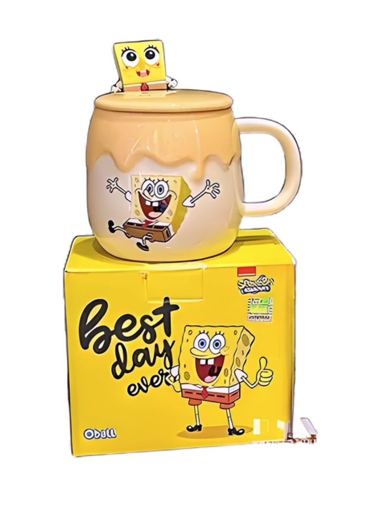 ديزني كوب سيراميك سبونج بوب سكوير بانتس بغطاء وملعقة – “أفضل يوم على الإطلاق” كوب قهوة | تصميم كرتوني ثلاثي الأبعاد، تغليف صندوق هدايا لطيف | كوب سبونج بوب ممتع للأطفال والمراهقين والبالغين – 400 مل - Image 1