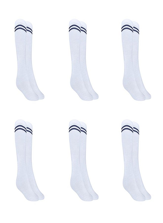 MUKHAKSH Girls Kids White Socks with Navy Blue Stripes Border Lining White with Navy Blue Stripes School Uniform Dress Socks Calf Length - Image 1