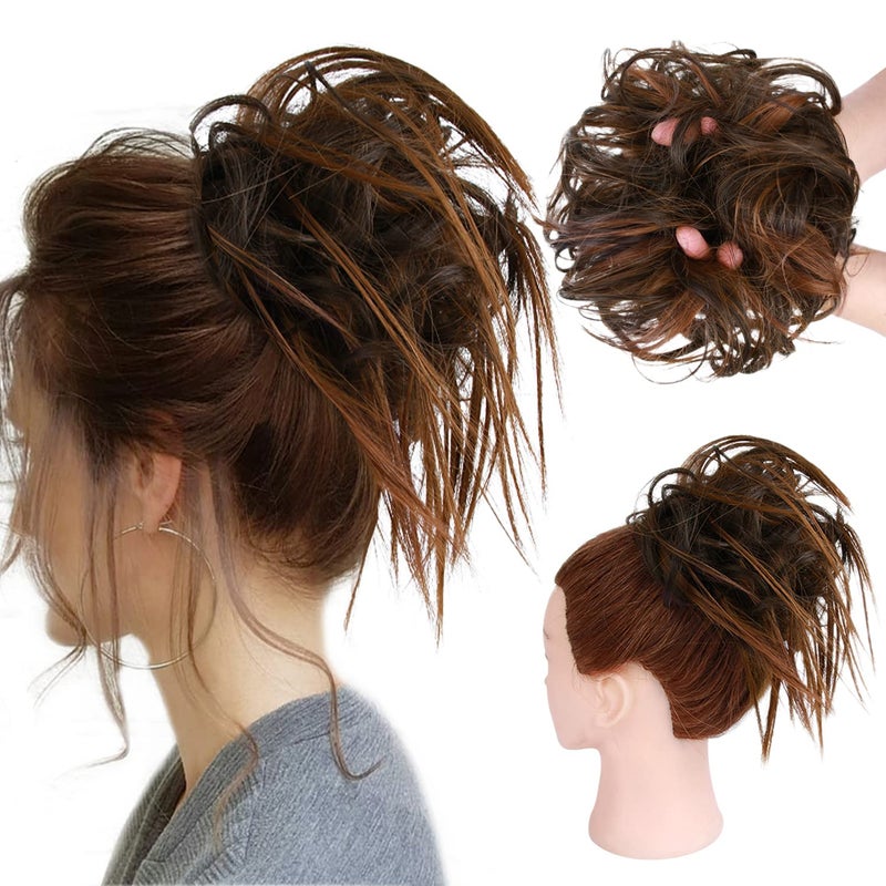 HMD إكسسوار شعر كعكة فوضوية مع رباط مطاطي لشعر ذيل الحصان مع وصلات شعر صناعية كعكة فوضوية لنساء 6AH30