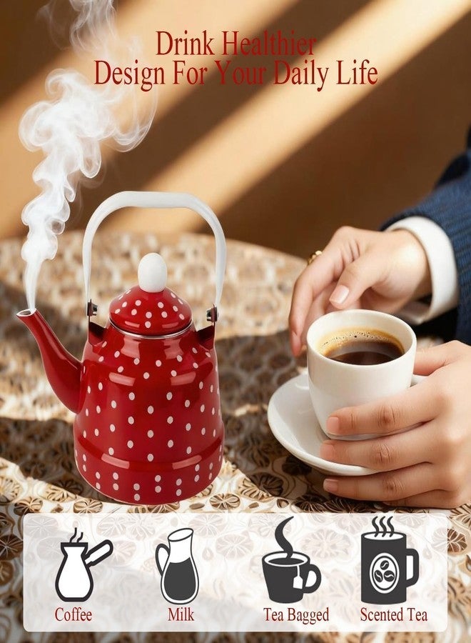 غلاية شاي عتيقة من المينا سعة 1.8 كوارت، غلاية ماء من المينا مزينة بنقاط حمراء وبيضاء، غلاية ماء وقهوة من الفولاذ المطلي بالمينا مع مقبض، غلاية ماء ساخن، بدون صفير، هدية زفاف - Image 3