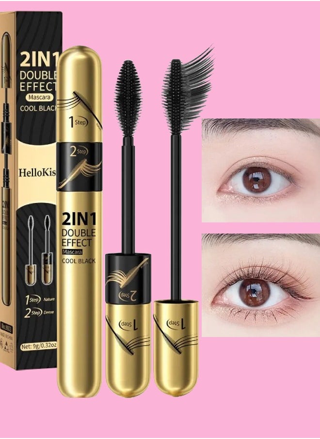 HelloKiss - 2 in 1 Double Effect Mascara Cool Black Curling and Intensifying Mascara Volumizing and Lengthening Thrive Black Mascara for Long Curly and Thick Eyelashes Waterproof Mascara - Image 1