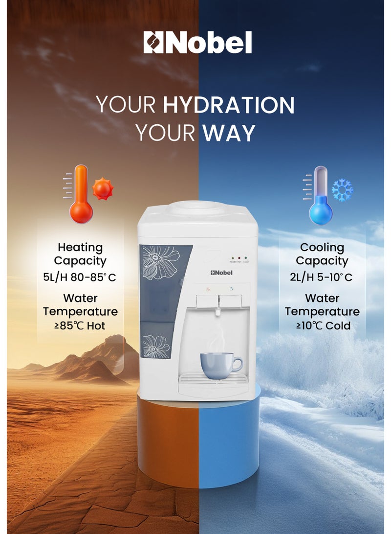Nobel Table Top Water Dispenser 550W Hot & Cold, Compressor Cooling System, 5L Hot/2L Cold Per Hour, Top Loading, Heating - (1 Year Warranty) NWD557 white - Image 3