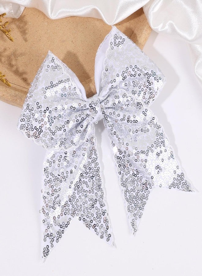 CN 7" Glitter Large Cheer Hair Bow Clips for Girls Cheerleader Silver Sequin Jumbo Cheer Hair Bows Handmade for Cheerleading Teens Girls Kids Sports Softball Cheerleader Outfit - Image 5