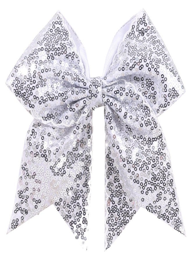 CN 7" Glitter Large Cheer Hair Bow Clips for Girls Cheerleader Silver Sequin Jumbo Cheer Hair Bows Handmade for Cheerleading Teens Girls Kids Sports Softball Cheerleader Outfit - Image 1