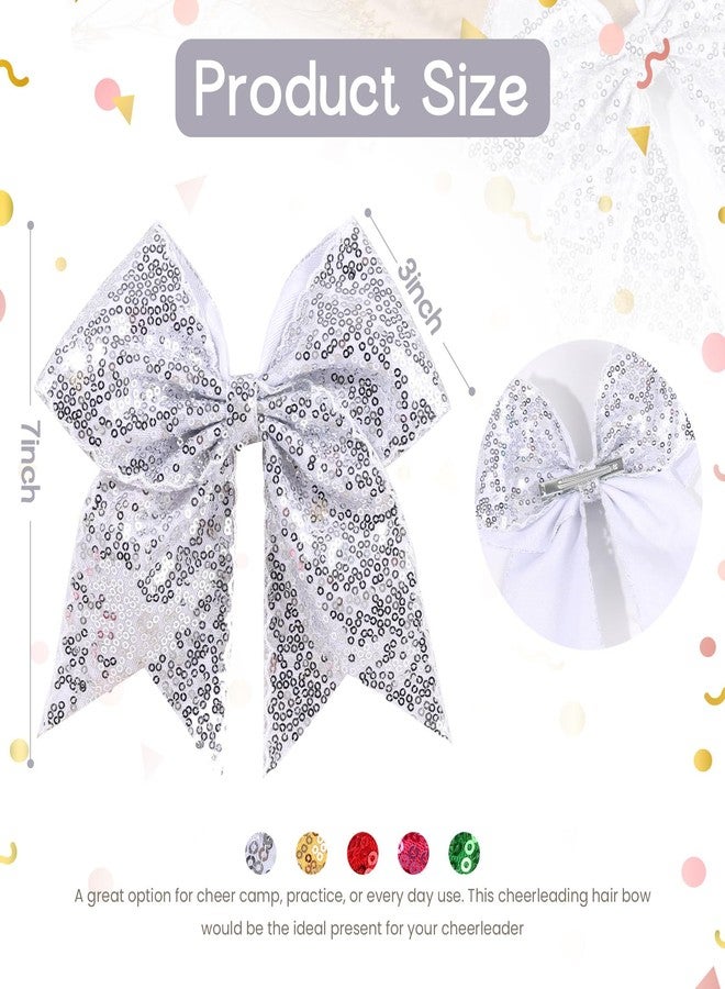CN 7" Glitter Large Cheer Hair Bow Clips for Girls Cheerleader Silver Sequin Jumbo Cheer Hair Bows Handmade for Cheerleading Teens Girls Kids Sports Softball Cheerleader Outfit - Image 3