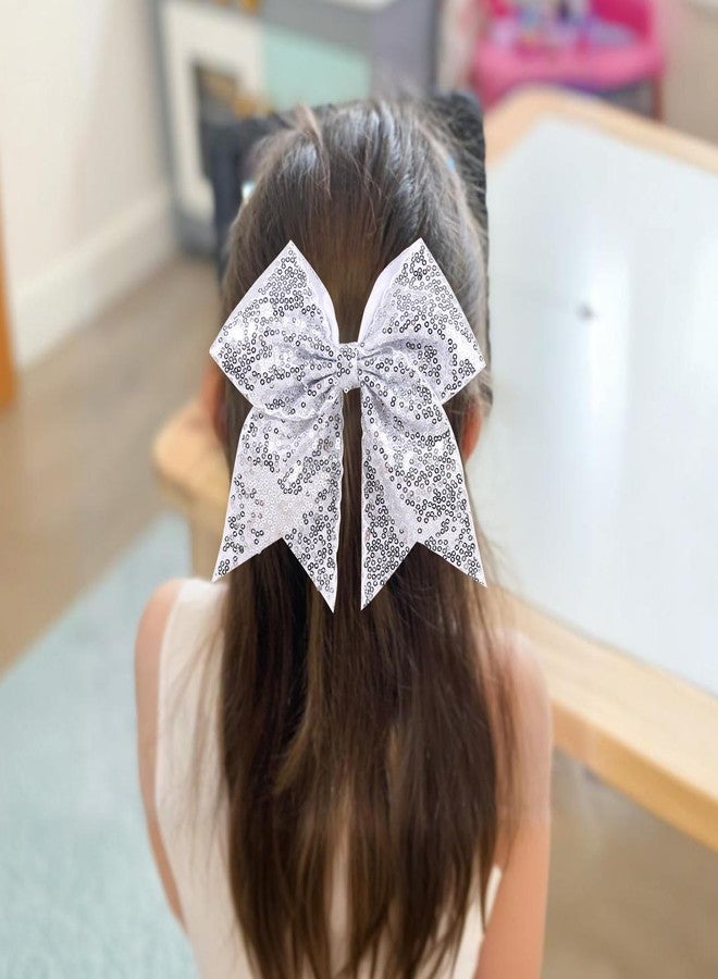 CN 7" Glitter Large Cheer Hair Bow Clips for Girls Cheerleader Silver Sequin Jumbo Cheer Hair Bows Handmade for Cheerleading Teens Girls Kids Sports Softball Cheerleader Outfit - Image 2