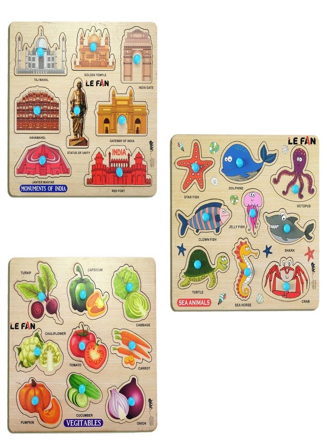 Lefan® Kids Fort Pre Nursery Educational Jigsaw Puzzles for Adults Kids Learning Toys Kit Board Game 3 pcs Set of Monuments of India Sea Animals & Vegetables Educational Toy - Image 1