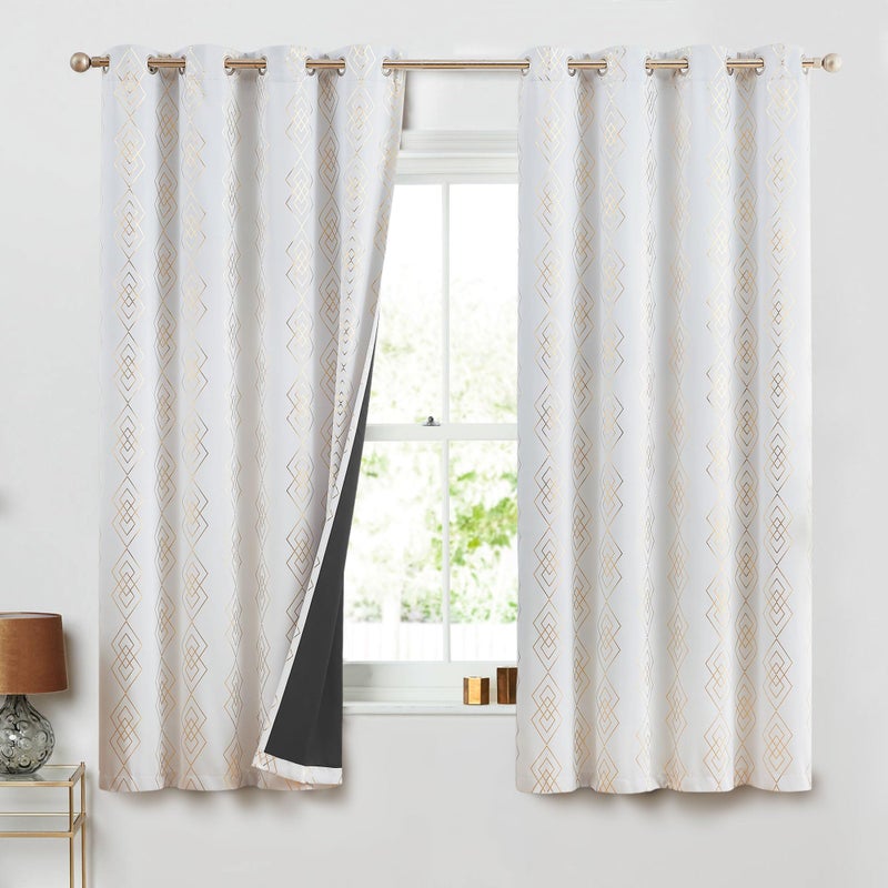 ugoutry ugoutry White/Gold Full Blackout Curtains for Bedroom Metallic Geometric Diamond Pattern Curtains 63 Inches Long Living Room Darkening Thermal Insulated Drapes Grommet Top Window Treatments  2 Panels - Image 1