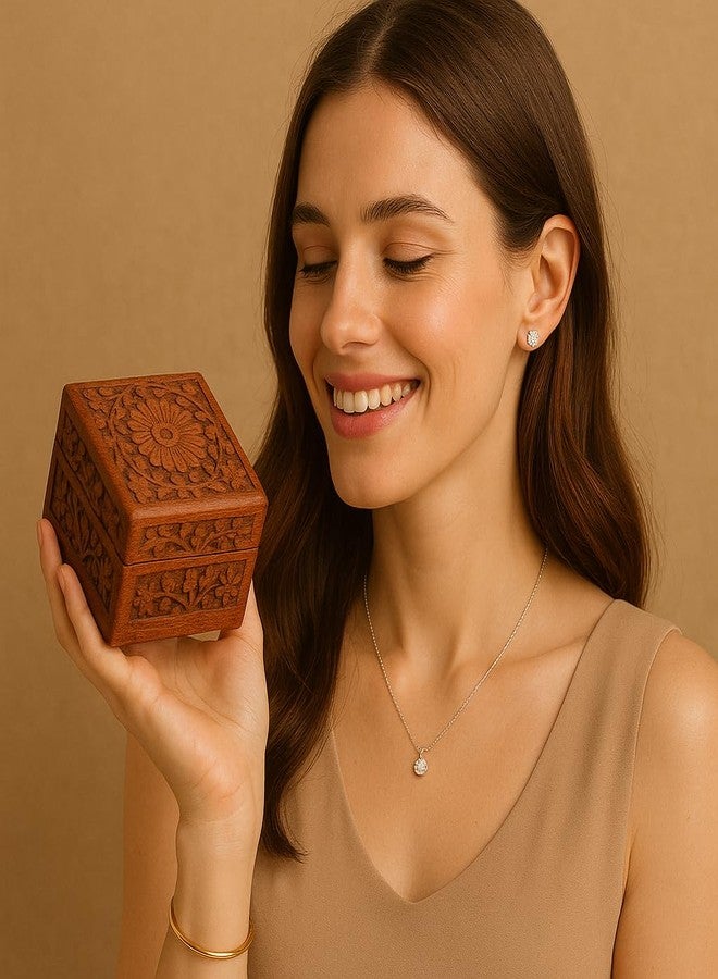 AnNafi® Handcrafted Wooden Jewelry Box with Floral Carvings | Beautiful Multipurpose Storage Jewel Organiser Red Velvet Interior | Best Gift Box 4x4 Inch Jewewllery boxes - Image 3