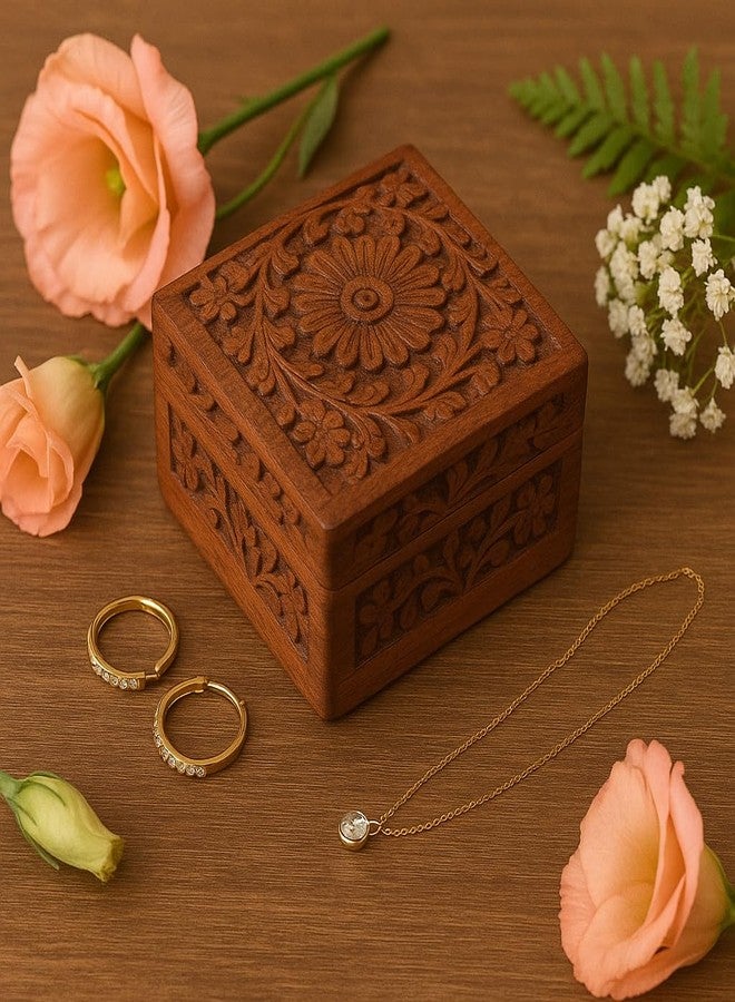 AnNafi® Handcrafted Wooden Jewelry Box with Floral Carvings | Beautiful Multipurpose Storage Jewel Organiser Red Velvet Interior | Best Gift Box 4x4 Inch Jewewllery boxes - Image 1