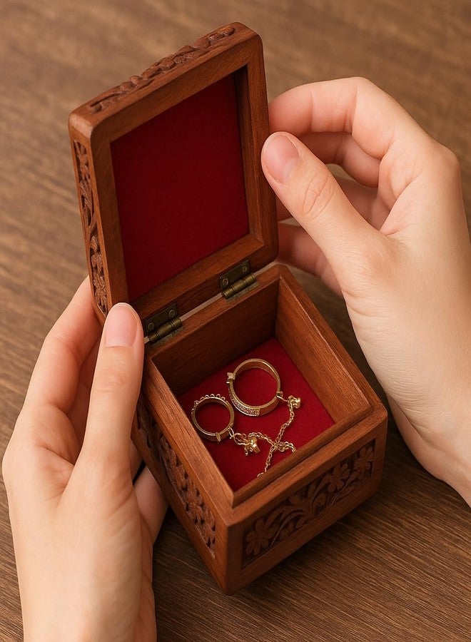 AnNafi® Handcrafted Wooden Jewelry Box with Floral Carvings | Beautiful Multipurpose Storage Jewel Organiser Red Velvet Interior | Best Gift Box 4x4 Inch Jewewllery boxes - Image 2