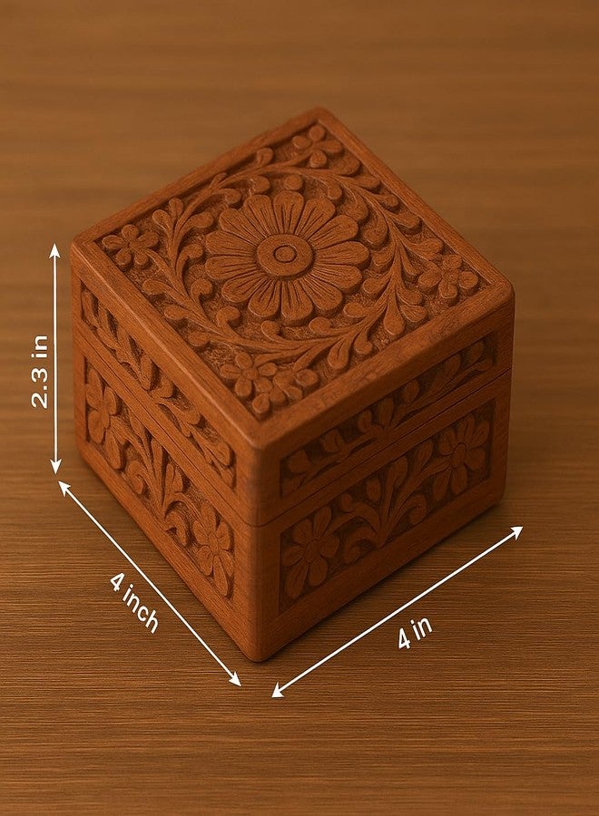 AnNafi® Handcrafted Wooden Jewelry Box with Floral Carvings | Beautiful Multipurpose Storage Jewel Organiser Red Velvet Interior | Best Gift Box 4x4 Inch Jewewllery boxes - Image 5