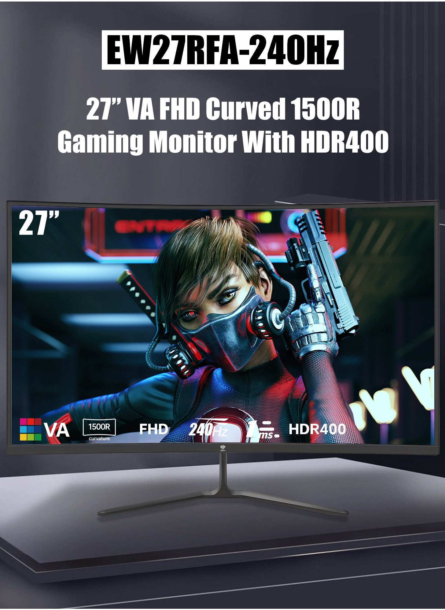 GXM EW27RFA-240Hz 27”Curved Frameless Ultra-Fast Gaming Monitor, FHD1920x1080 @ 240Hz, 16:9, Free Sync & G-Sync, 15000R Curved panel, 27” LED Backlight, 1ms Response, 16.7M colors, w/Speaker, Black 