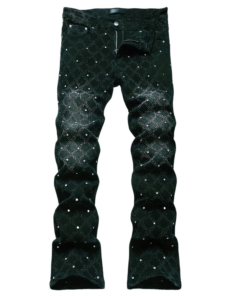 FantasyGears Men Rhinestone Skinny Ripped Jeans Y2k Stretch Slim Fit Stacked Jeans Grunge Denim Pants (US, Alpha, XX-Large, Regular, Regular, Dark Green) - Image 1