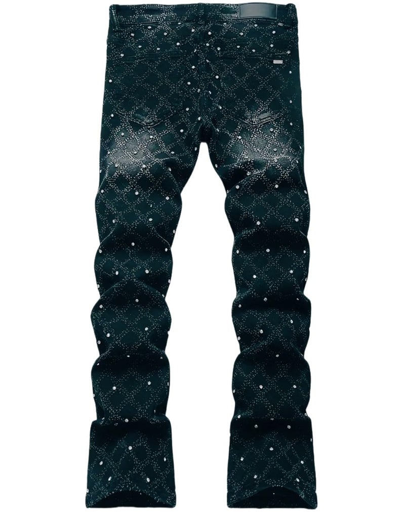 FantasyGears Men Rhinestone Skinny Ripped Jeans Y2k Stretch Slim Fit Stacked Jeans Grunge Denim Pants (US, Alpha, XX-Large, Regular, Regular, Dark Green) - Image 2