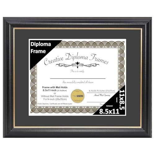 Creative Picture Frames [11x14bk.gd] Black Frame with Gold Rim, Black Matting Holds 8.5 by 11-inch Diploma with Easel and installed Hangers - Image 1