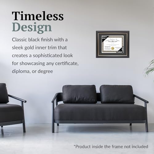 Creative Picture Frames [11x14bk.gd] Black Frame with Gold Rim, Black Matting Holds 8.5 by 11-inch Diploma with Easel and installed Hangers - Image 2