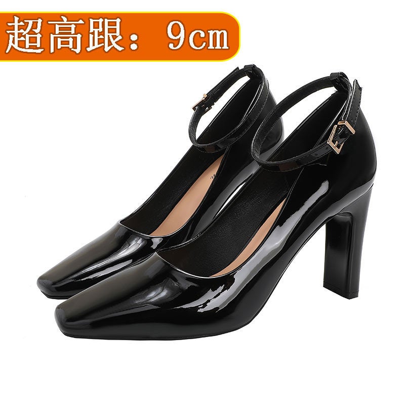Red High Heels Chunky Heel 9Cm One-Word Belt Black Elegant Dress Professional High Heel Shoes - Image 1