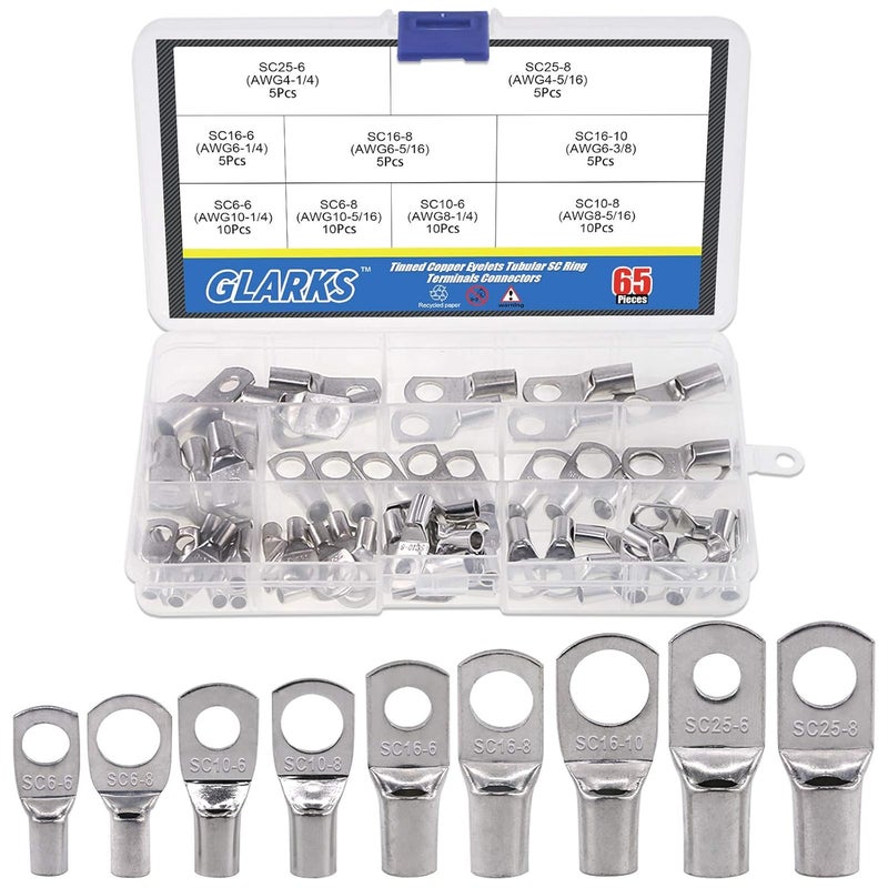 Glarks 65Pcs Assorted Heavy Duty Wire Lugs Battery Cable Tinned Copper Eyelets Tubular SC Ring Terminals Connectors with Spy Hole Assortment Kit - Image 1
