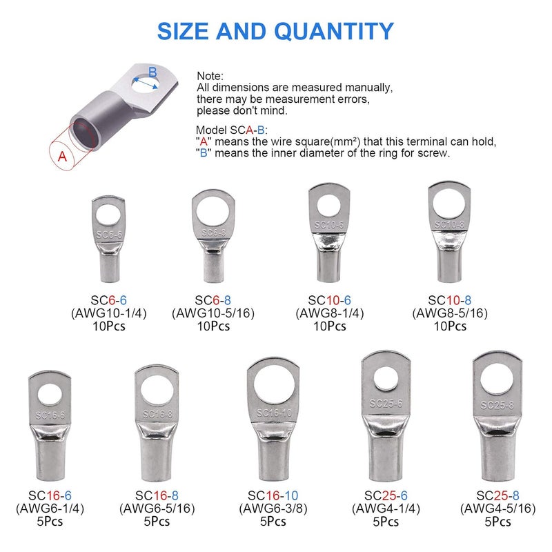 Glarks 65Pcs Assorted Heavy Duty Wire Lugs Battery Cable Tinned Copper Eyelets Tubular SC Ring Terminals Connectors with Spy Hole Assortment Kit - Image 2