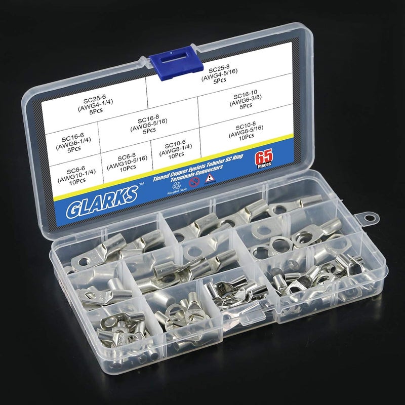 Glarks 65Pcs Assorted Heavy Duty Wire Lugs Battery Cable Tinned Copper Eyelets Tubular SC Ring Terminals Connectors with Spy Hole Assortment Kit - Image 5