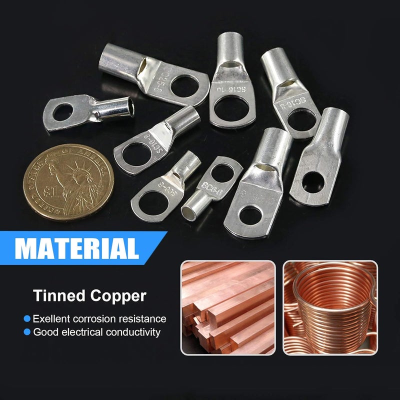 Glarks 65Pcs Assorted Heavy Duty Wire Lugs Battery Cable Tinned Copper Eyelets Tubular SC Ring Terminals Connectors with Spy Hole Assortment Kit - Image 3
