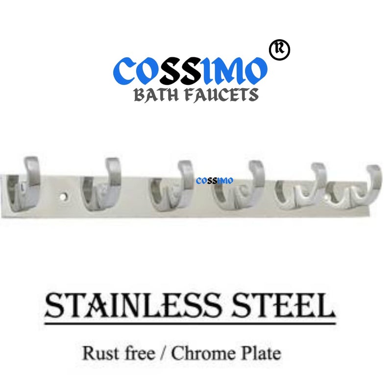 Cossimo Premium Stainless Steel C-Hook 6 Pin Cloth Hanger Wall Mounted Bathroom Cloth Hanger,Cloth Wall Hook,Door Hooks Rail for Hanging Keys,Clothes,Towel (Pack of 2) - Image 3