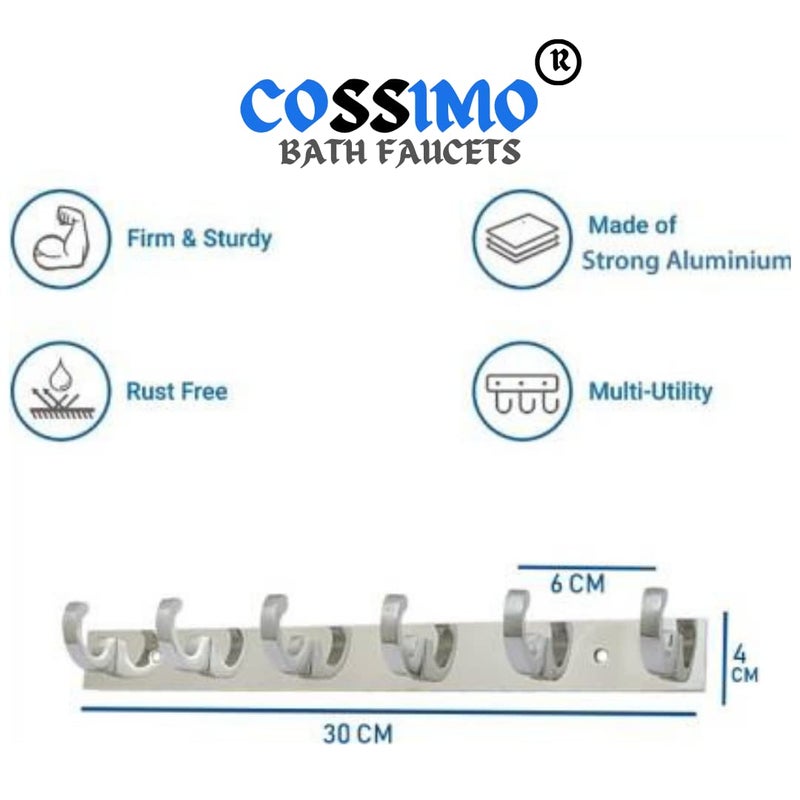 Cossimo Premium Stainless Steel C-Hook 6 Pin Cloth Hanger Wall Mounted Bathroom Cloth Hanger,Cloth Wall Hook,Door Hooks Rail for Hanging Keys,Clothes,Towel (Pack of 2) - Image 2