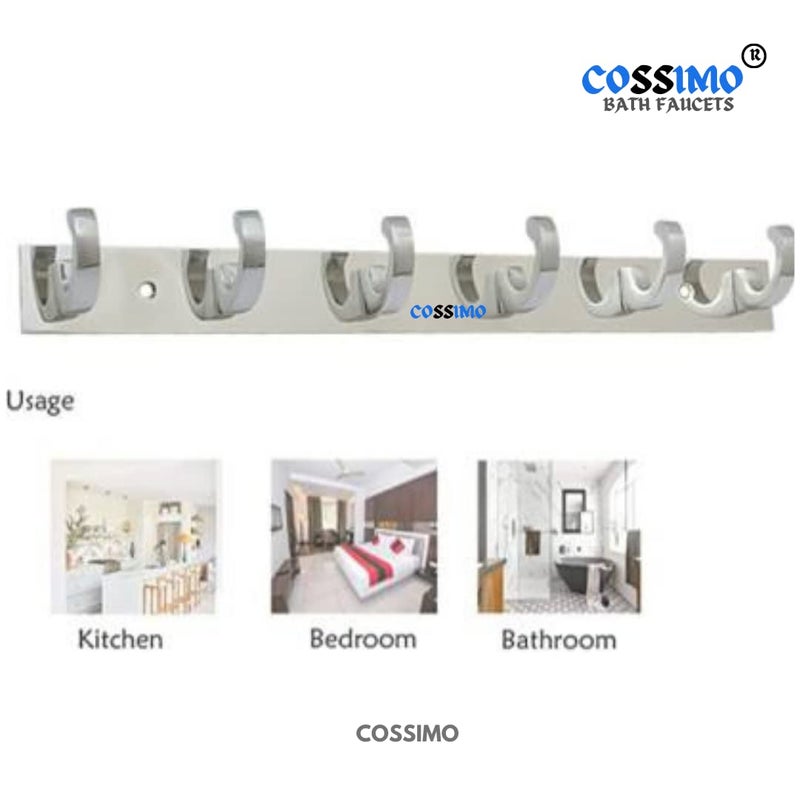 Cossimo Premium Stainless Steel C-Hook 6 Pin Cloth Hanger Wall Mounted Bathroom Cloth Hanger,Cloth Wall Hook,Door Hooks Rail for Hanging Keys,Clothes,Towel (Pack of 2) - Image 4