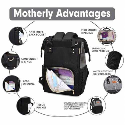 Motherly Crown Combo Melange Fabric Diaper Bag for Mothers for Travel With Warranty | Spacious Diaper Bags for Mom | baby bag for mother travel | Maternity Bags for Mother and Baby - Black And Grey - Image 4