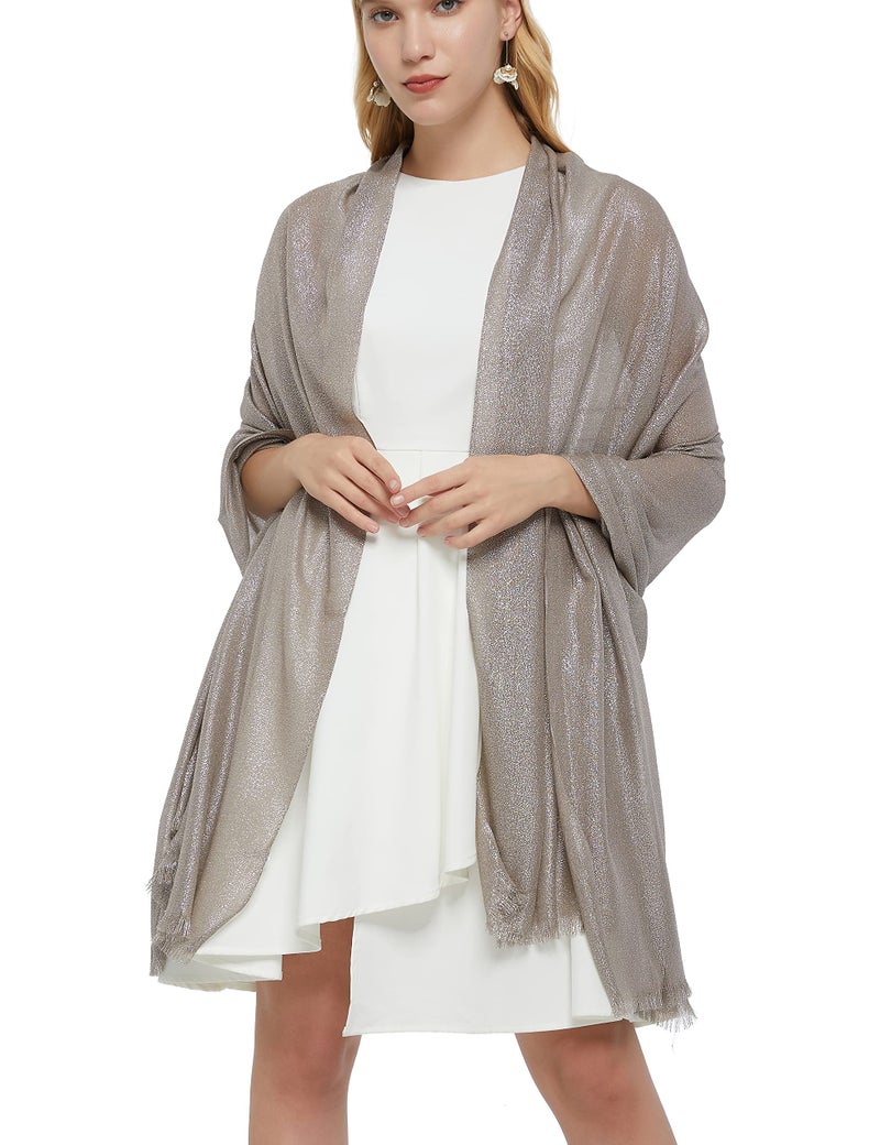 PANTONIGHT Women's Sparkling Metallic Evening Shawl Lightweight Wedding Shawl Extra Large Dressy Shawls and Wraps for Party (Beige Silver 2508) - Image 3