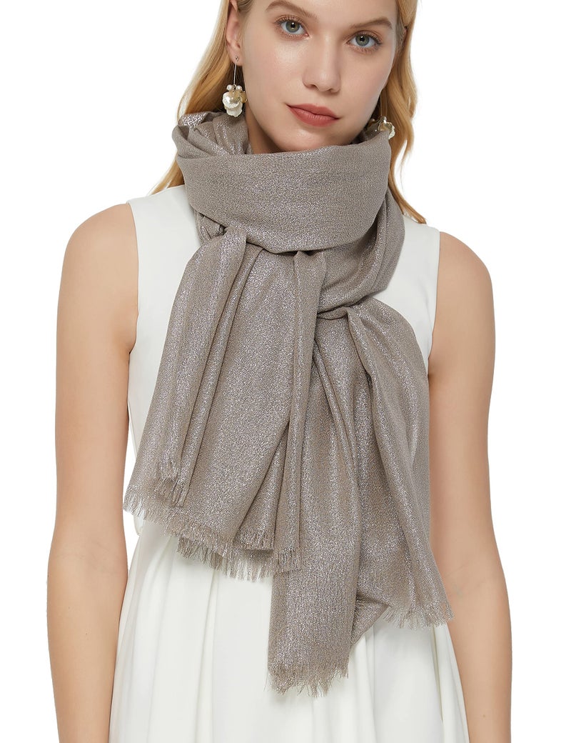 PANTONIGHT Women's Sparkling Metallic Evening Shawl Lightweight Wedding Shawl Extra Large Dressy Shawls and Wraps for Party (Beige Silver 2508) - Image 1