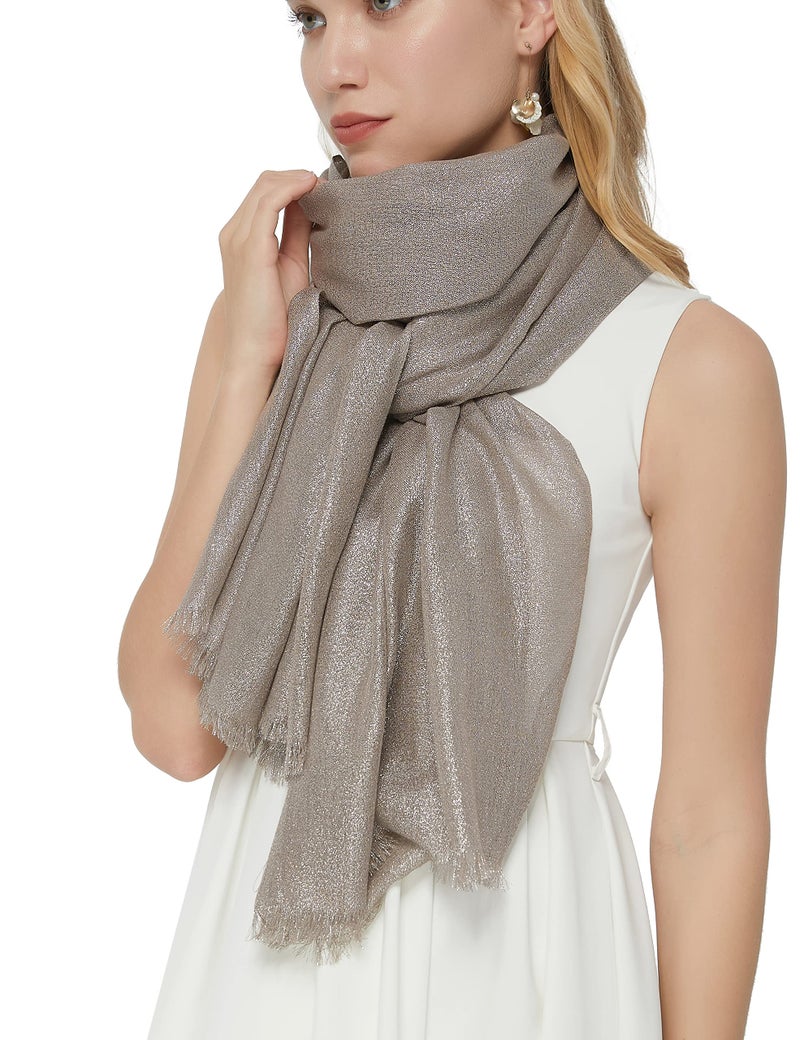 PANTONIGHT Women's Sparkling Metallic Evening Shawl Lightweight Wedding Shawl Extra Large Dressy Shawls and Wraps for Party (Beige Silver 2508) - Image 2