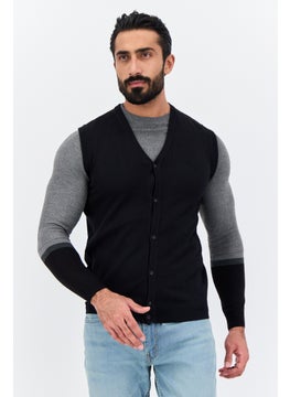Sorbino Men V-Neck Knitted Sleeveless Vest Cardigan, Black  - Image 1