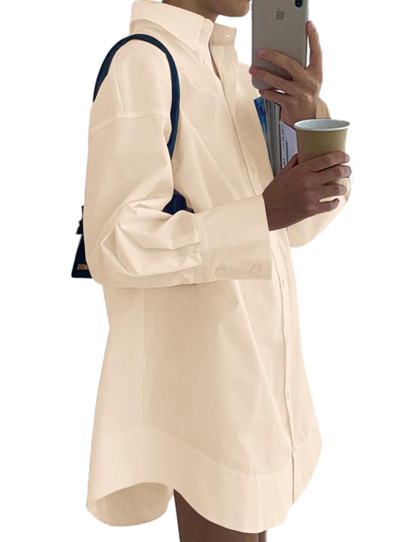 LYANER Women's Casual Shirt Dress Collar V Neck Button Down Loose Long Sleeve Mini Dresses Beige Large - Image 2