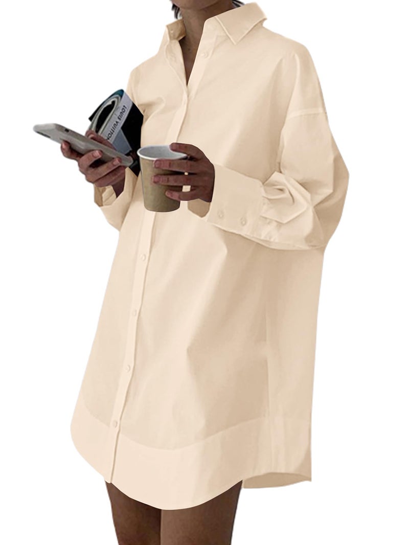 LYANER Women's Casual Shirt Dress Collar V Neck Button Down Loose Long Sleeve Mini Dresses Beige Large - Image 1