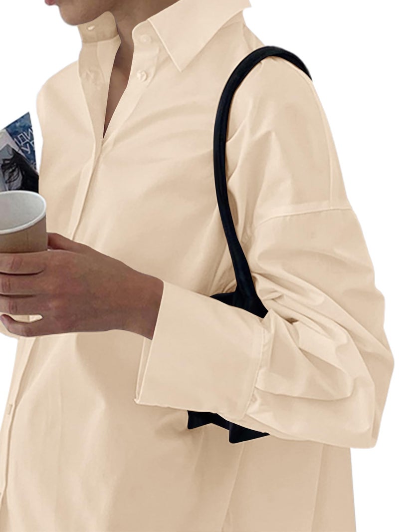 LYANER Women's Casual Shirt Dress Collar V Neck Button Down Loose Long Sleeve Mini Dresses Beige Large - Image 3