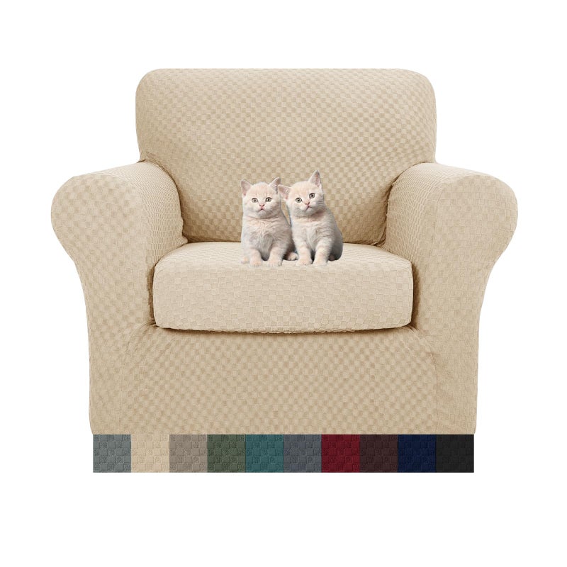 MAXIJIN 2 Piece Jacquard Chair Covers with Arms Super Stretch Non Slip Chair Slipcover for Living Room Dogs Pet Friendly Elastic Sofa Couch Protector Armchair Cover Chair Light Beige