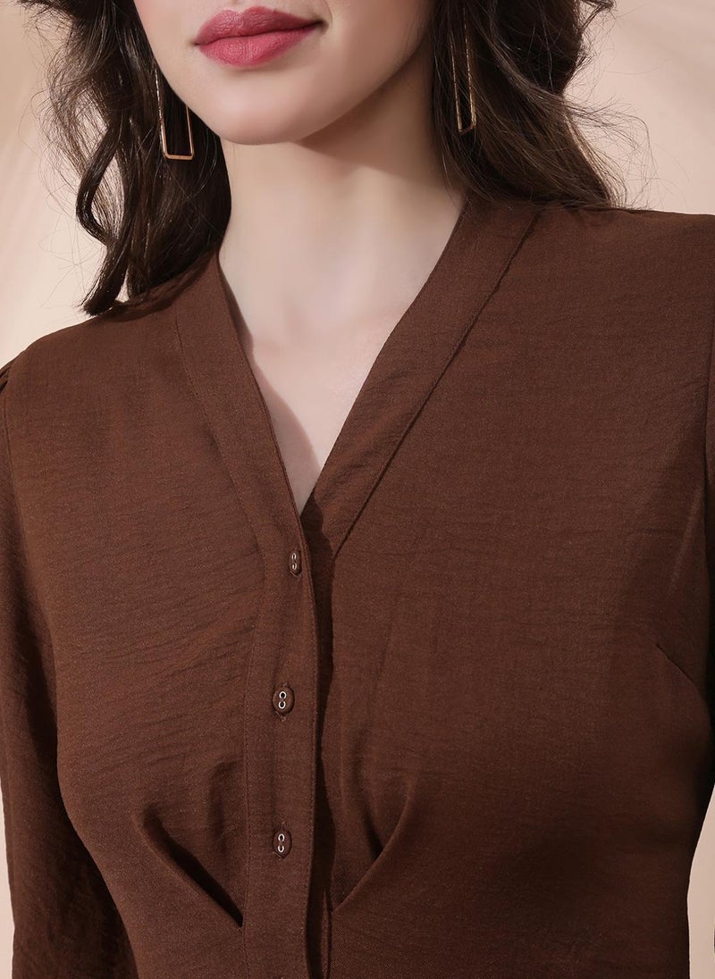 Globus Women's Chocolate Brown Casual Dress with V-Neck and Pleated Detail - Image 5