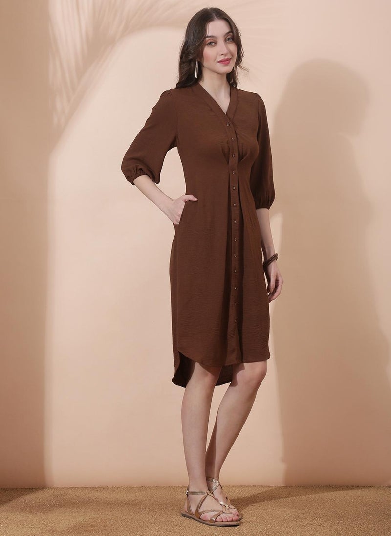 Globus Women's Chocolate Brown Casual Dress with V-Neck and Pleated Detail - Image 3