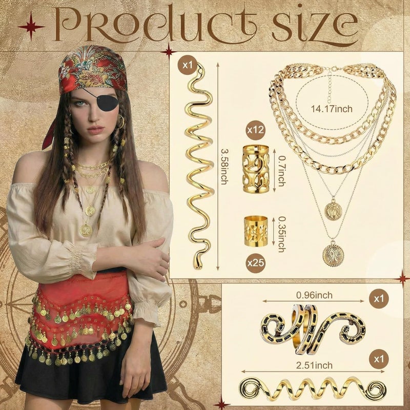 Berlune 54 Pcs Pirate Costume Accessory for Women Captain Pirate Costume Belly Dance Hip Scarf Bandana Necklace Hair Jewelry(Red) - Image 2