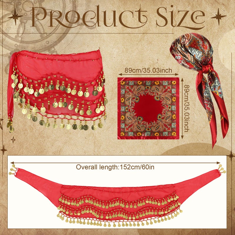 Berlune 54 Pcs Pirate Costume Accessory for Women Captain Pirate Costume Belly Dance Hip Scarf Bandana Necklace Hair Jewelry(Red) - Image 3
