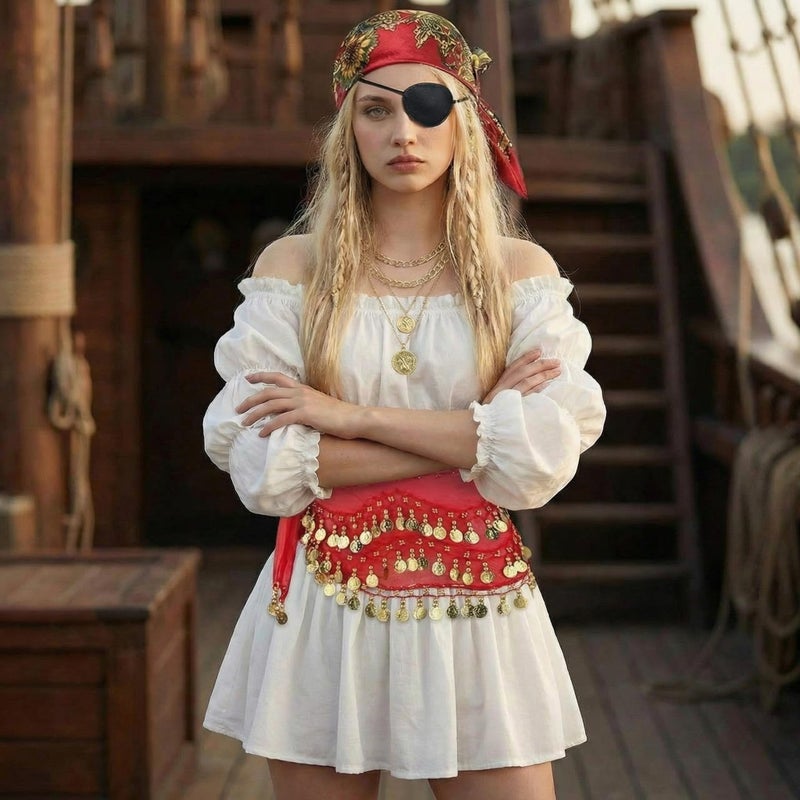 Berlune 54 Pcs Pirate Costume Accessory for Women Captain Pirate Costume Belly Dance Hip Scarf Bandana Necklace Hair Jewelry(Red) - Image 4