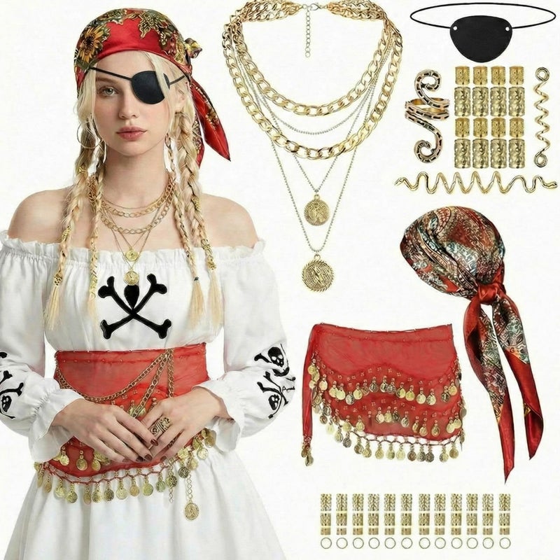 Berlune 54 Pcs Pirate Costume Accessory for Women Captain Pirate Costume Belly Dance Hip Scarf Bandana Necklace Hair Jewelry(Red) - Image 1